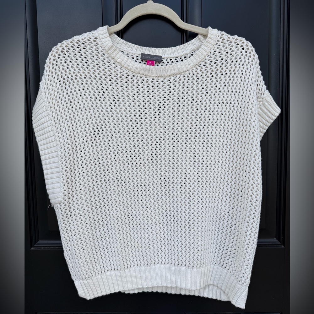 Vince Camuto Cream Open Knit Short Sleeve Crew Sweater